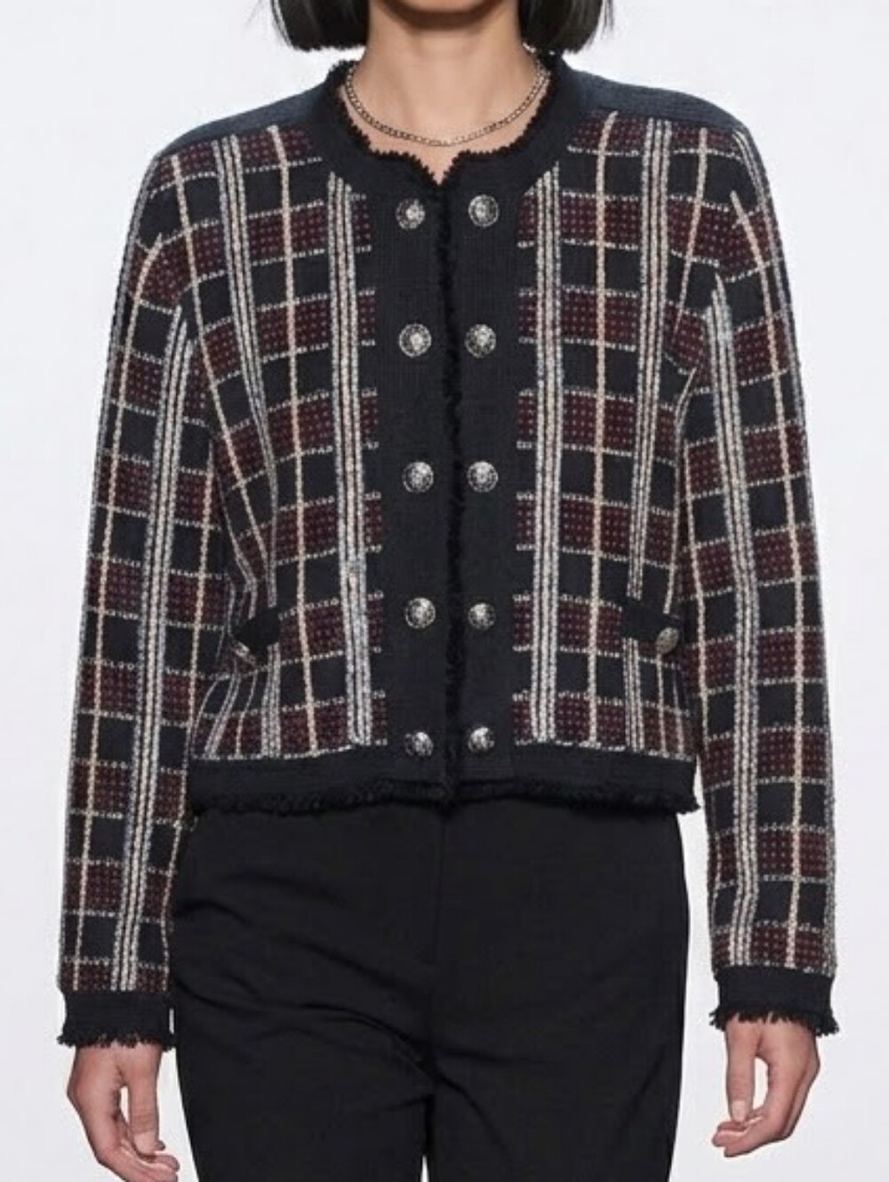 MILLY Tweed Sweater Jacket Black and Burgundy Plaid Tweed Jacket - Women's